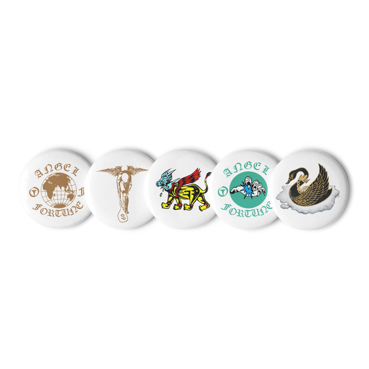 Set of five Angel Of Fortune - Graphic Pin Buttons
