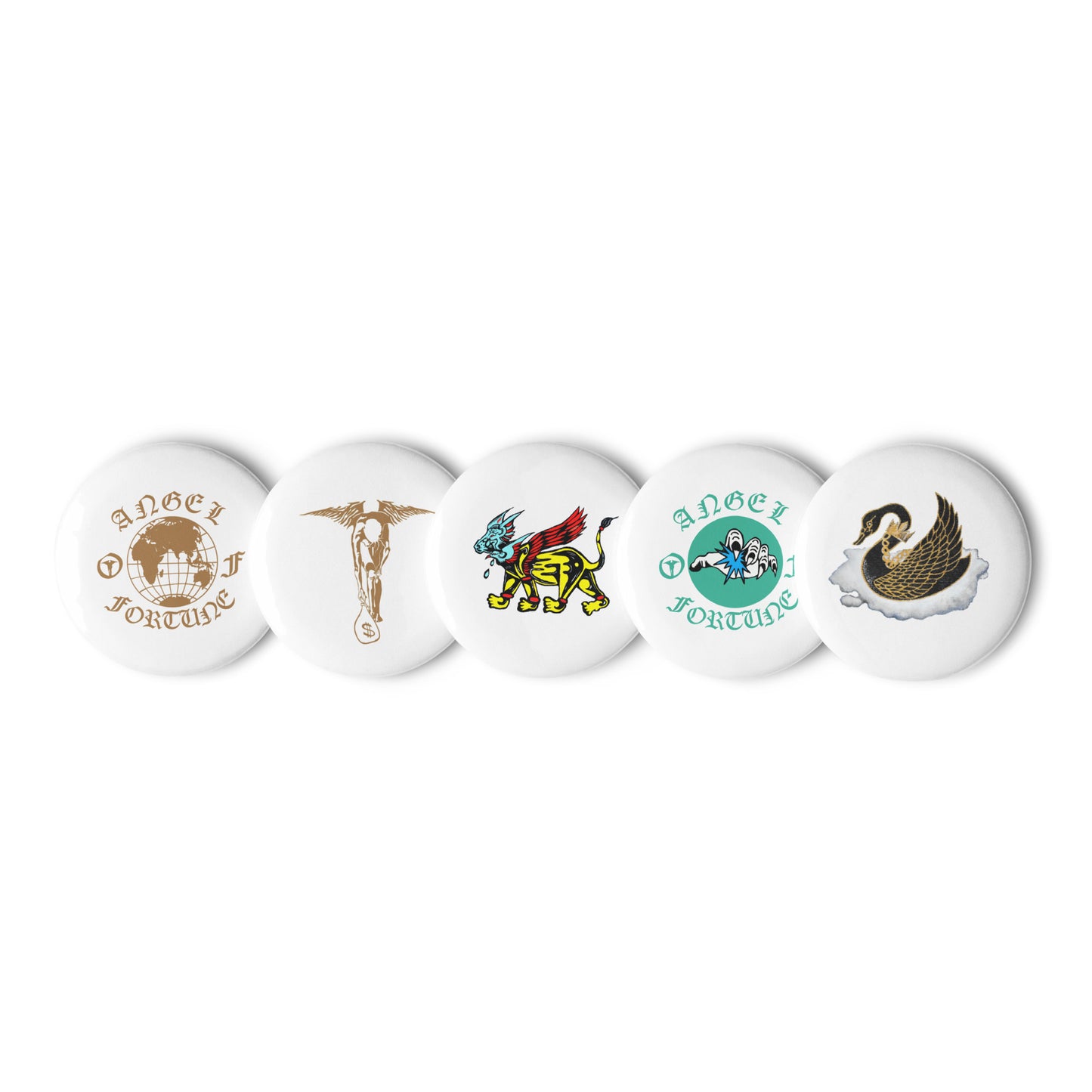 Set of five Angel Of Fortune - Graphic Pin Buttons